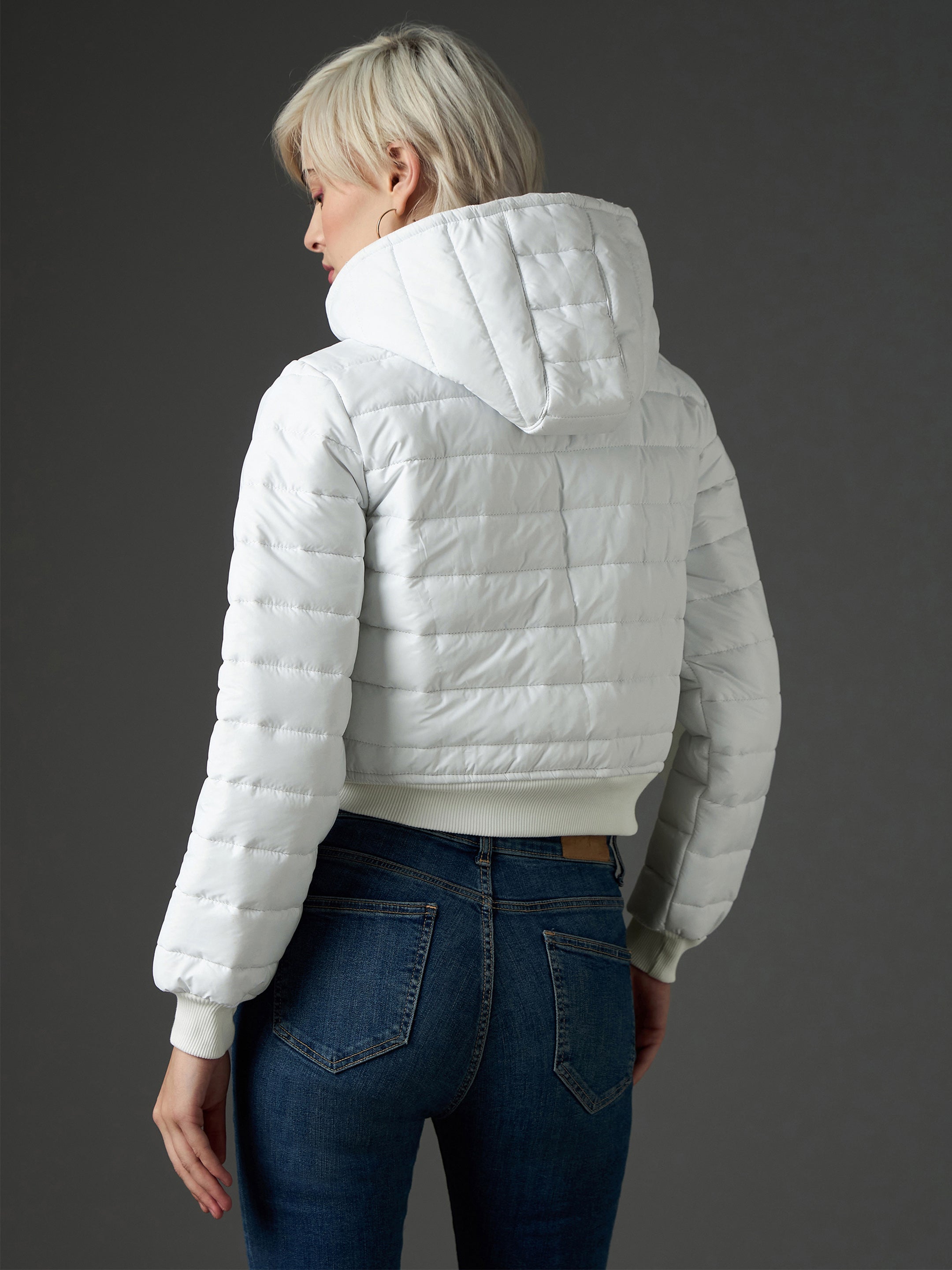 Women White Hooded Crop Bomber Puffer Jacket-SFJCKT60365