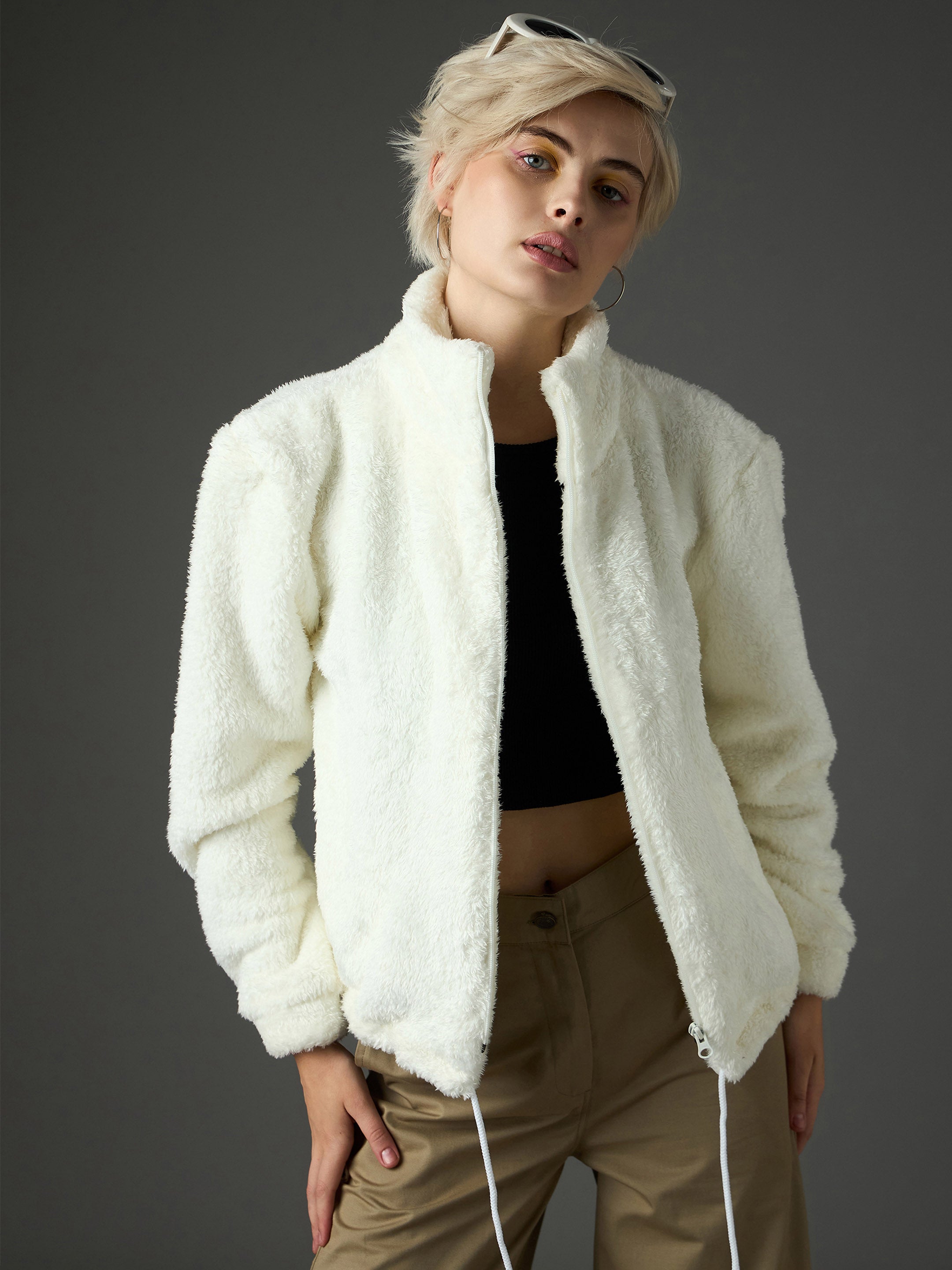 Women White Drawstring Faux Fur Jacket-SFJCKT60366