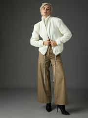 Women White Drawstring Faux Fur Jacket-SFJCKT60366
