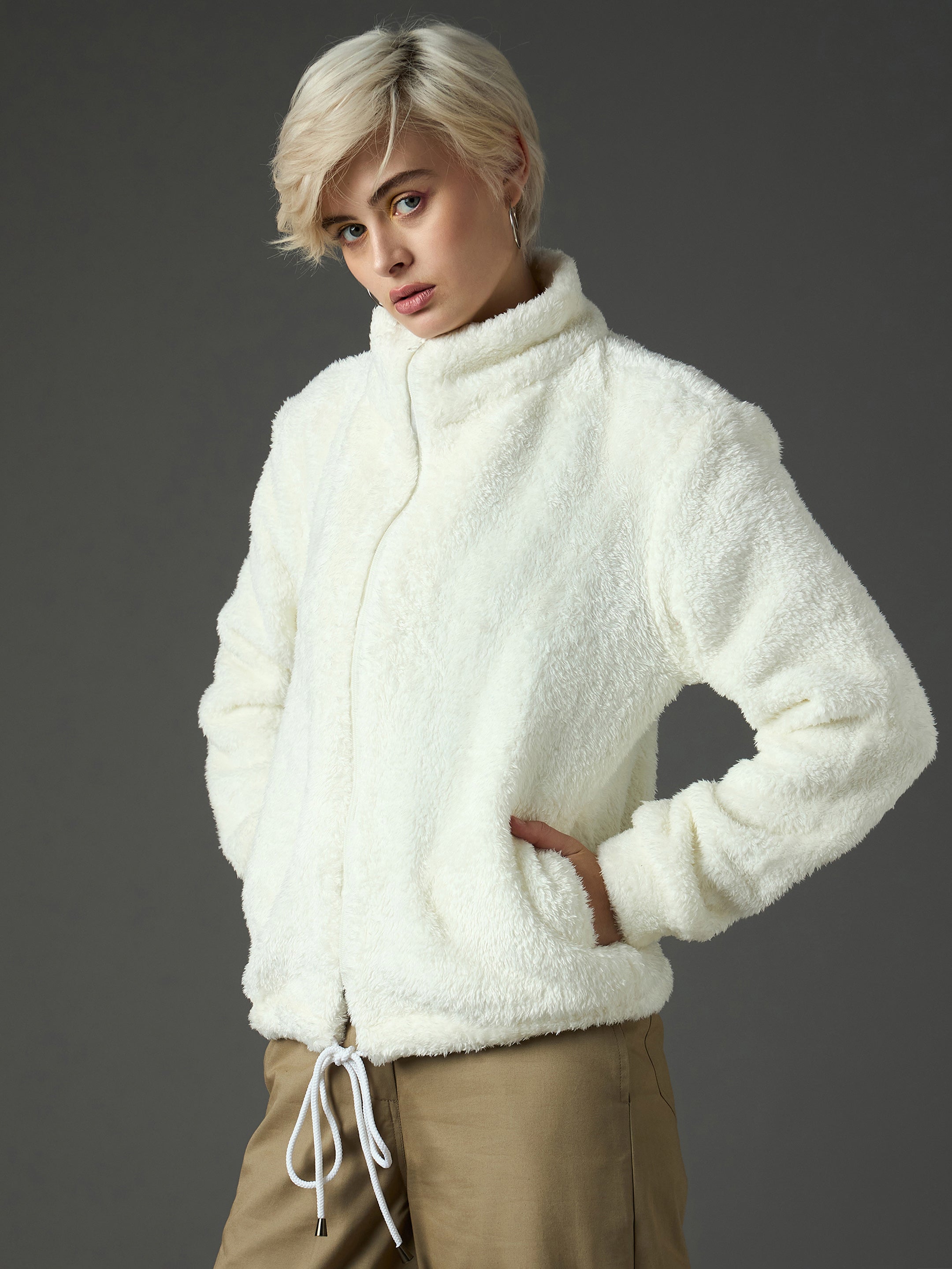 Women White Drawstring Faux Fur Jacket-SFJCKT60366
