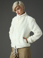 Women White Drawstring Faux Fur Jacket-SFJCKT60366