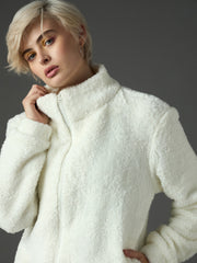 Women White Drawstring Faux Fur Jacket-SFJCKT60366