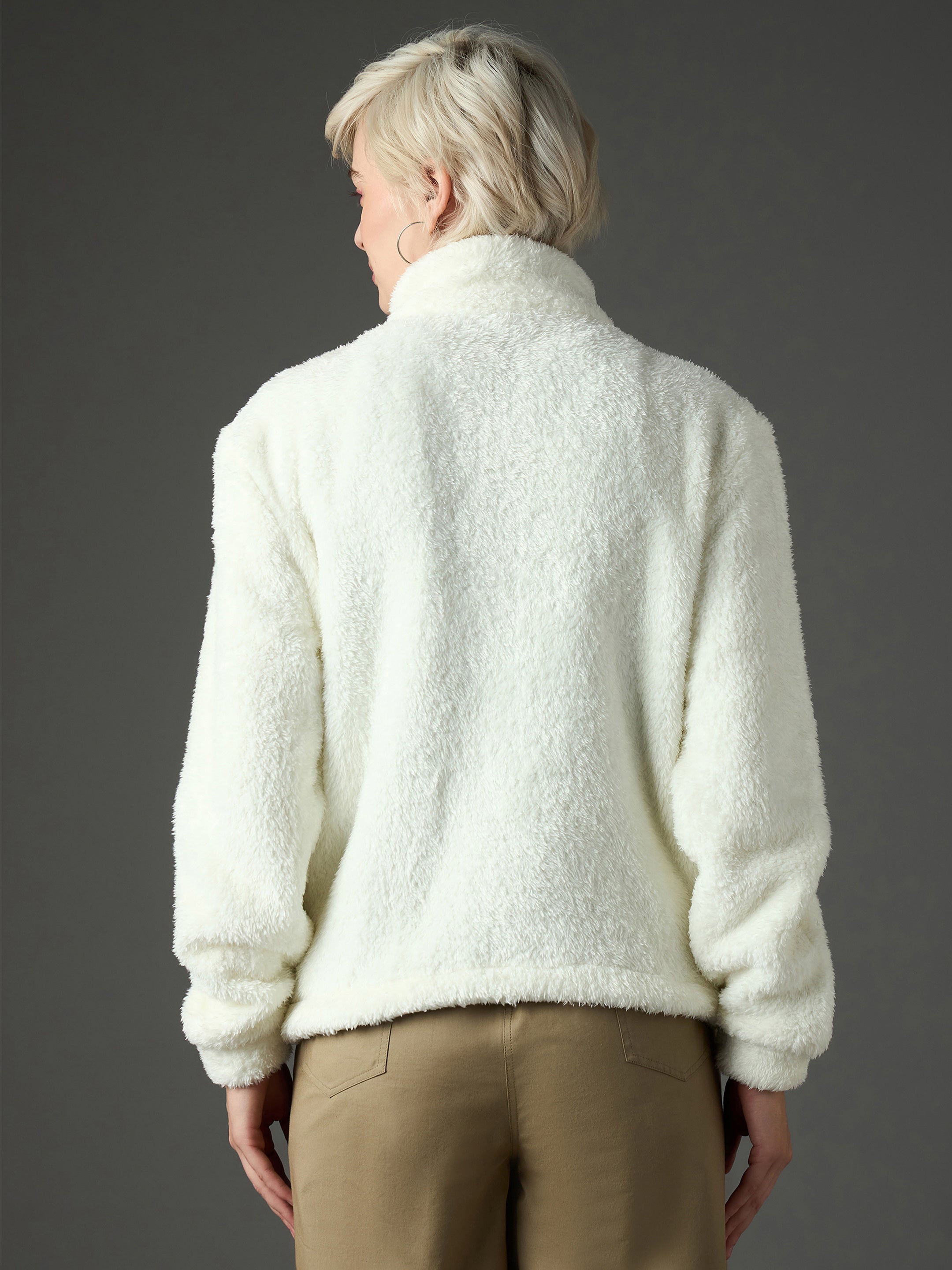 Women White Drawstring Faux Fur Jacket-SFJCKT60366