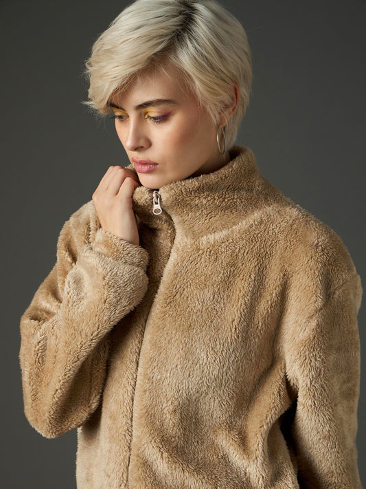 Women Beige Drawstring Faux Fur Jacket-SFJCKT60367 2160