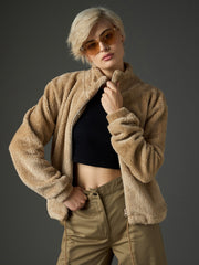 Women Beige Drawstring Faux Fur Jacket-SFJCKT60367
