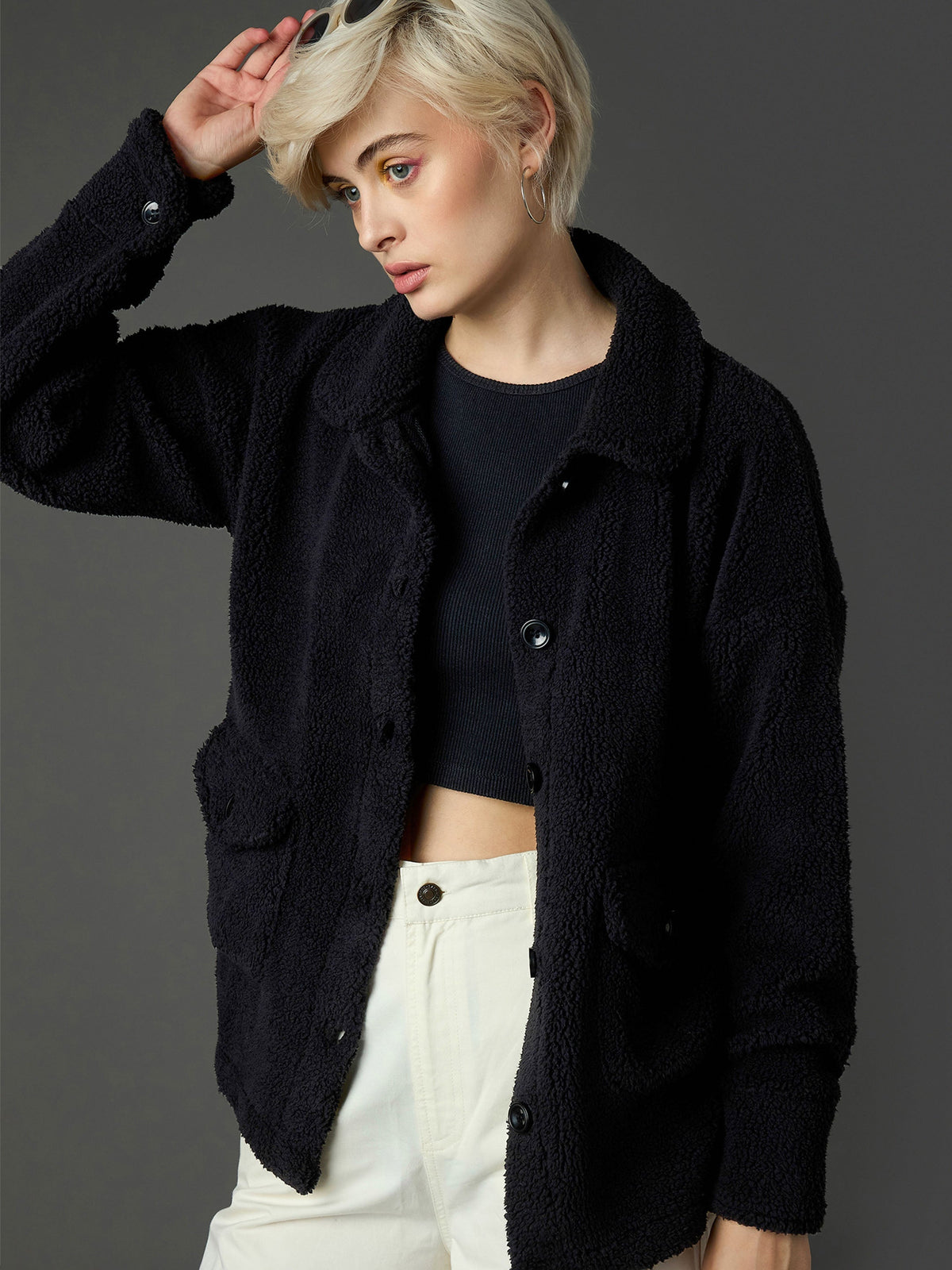 Women Black Faux Fur Oversized Jacket-SFJCKT60368