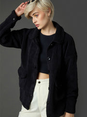 Women Black Faux Fur Oversized Jacket-SFJCKT60368