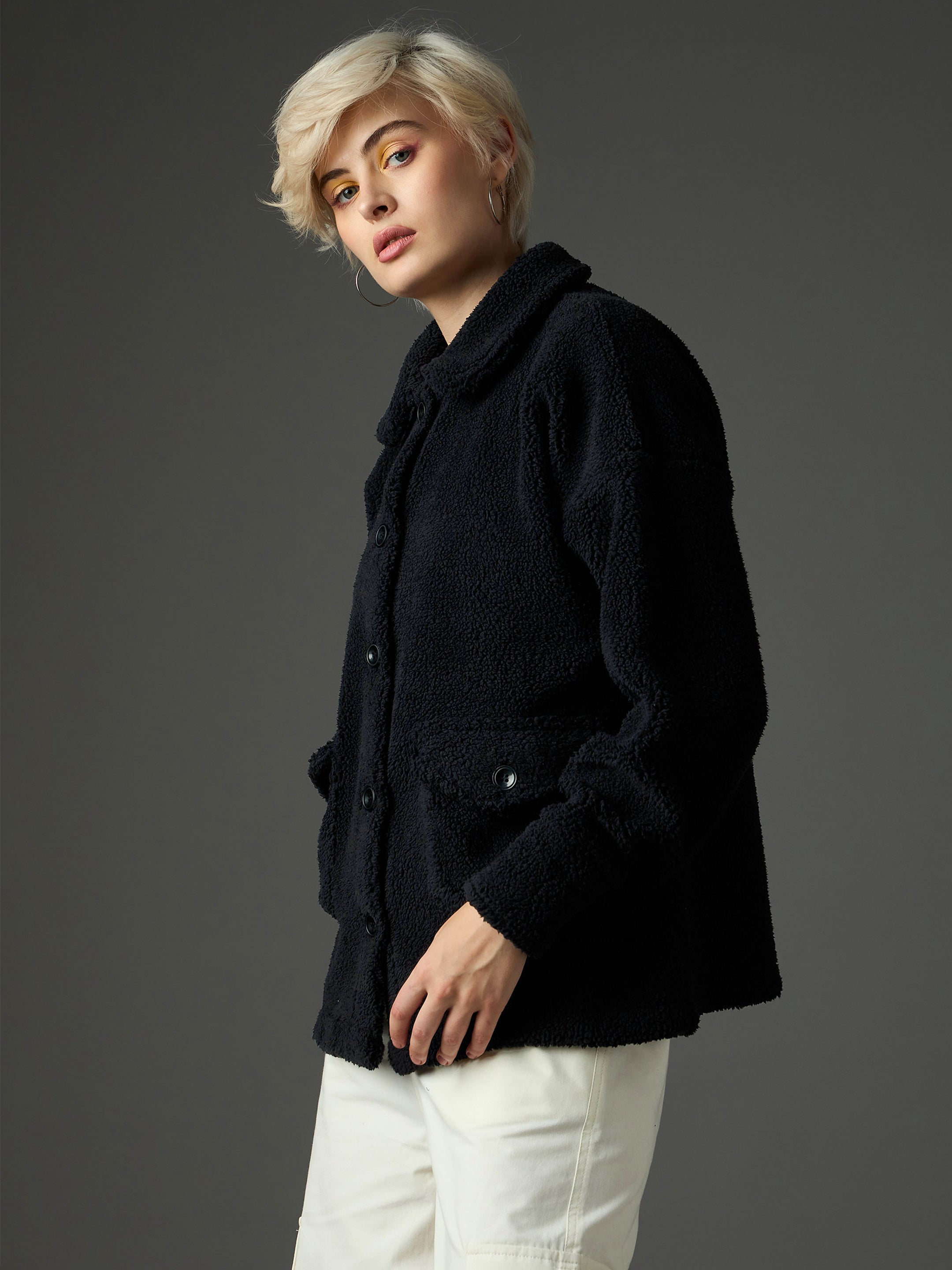 Women Black Faux Fur Oversized Jacket-SFJCKT60368