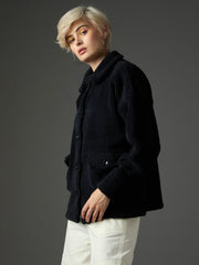 Women Black Faux Fur Oversized Jacket-SFJCKT60368