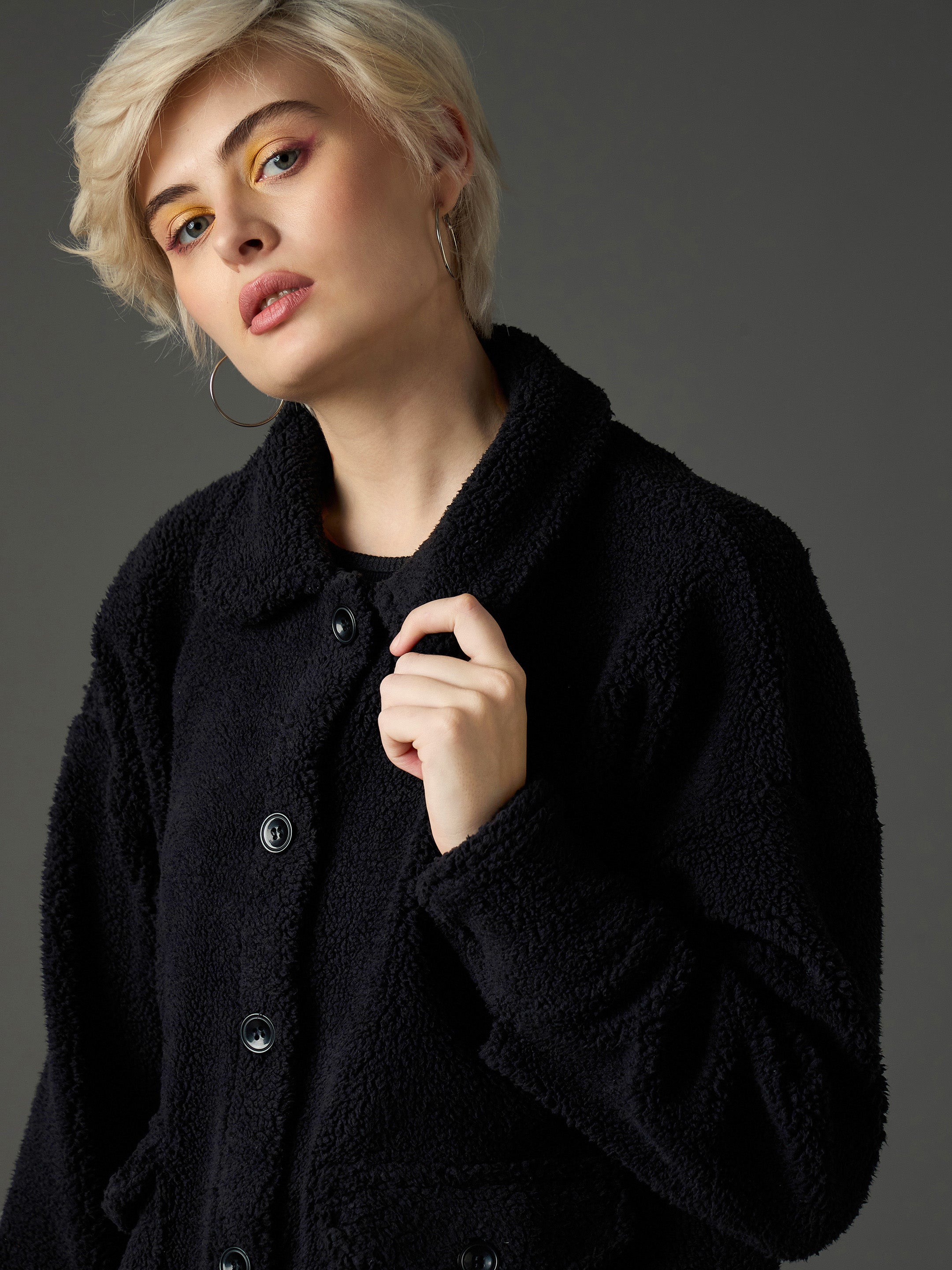 Women Black Faux Fur Oversized Jacket-SFJCKT60368