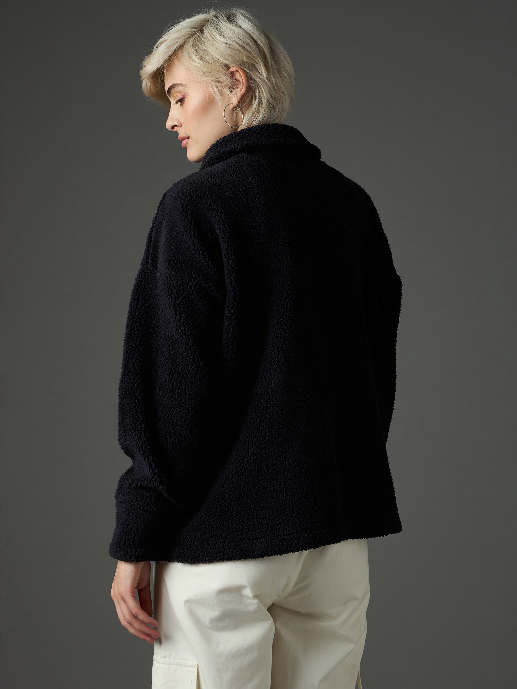 Women Black Faux Fur Oversized Jacket-SFJCKT60368