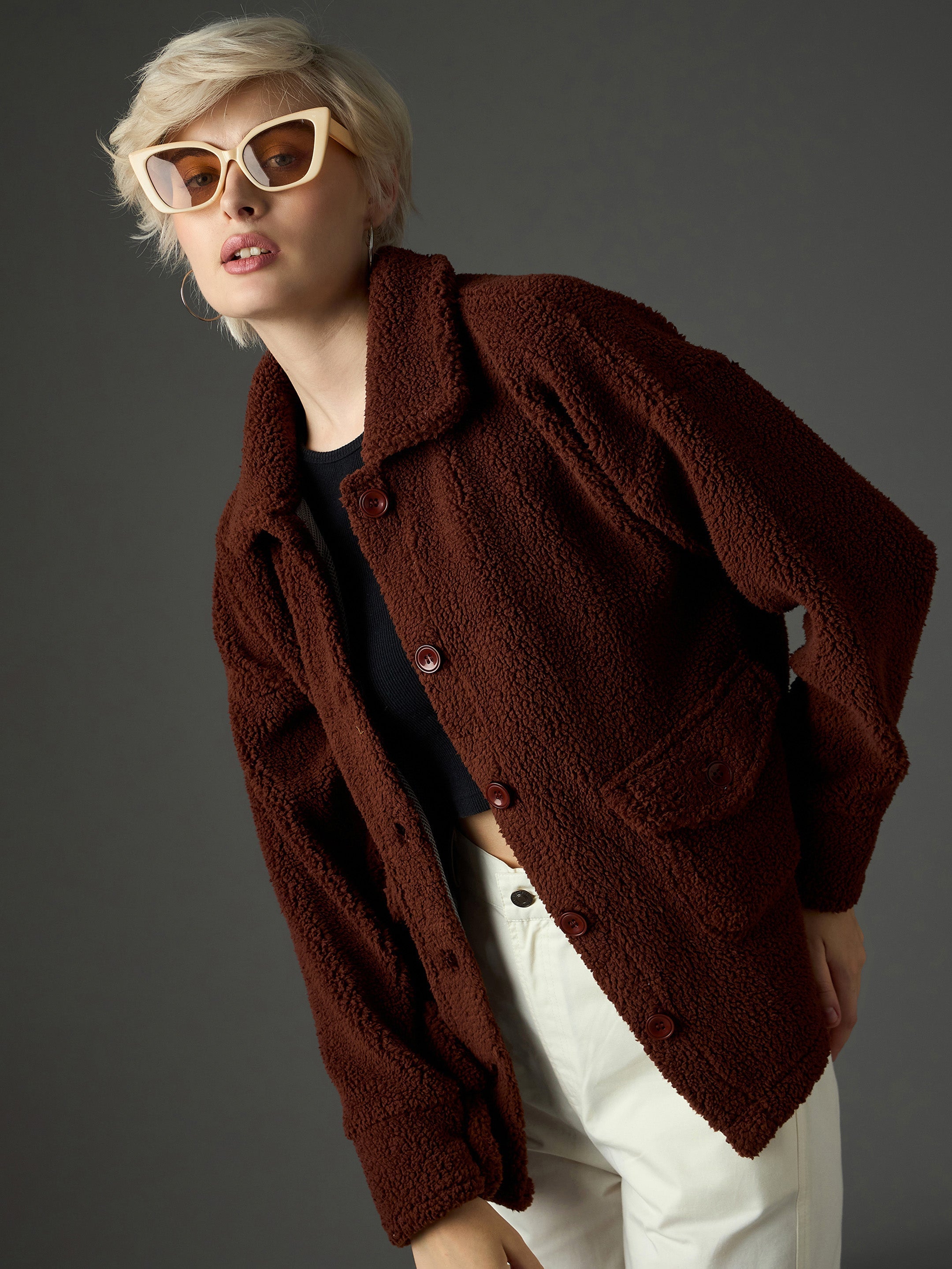 Women Brown Faux Fur Oversized Jacket-SFJCKT60369