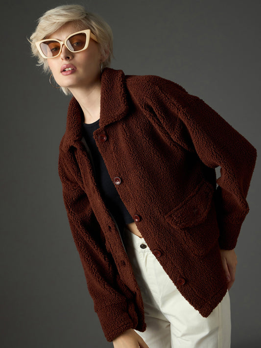 Women Brown Faux Fur Oversized Jacket-SFJCKT60369 2160