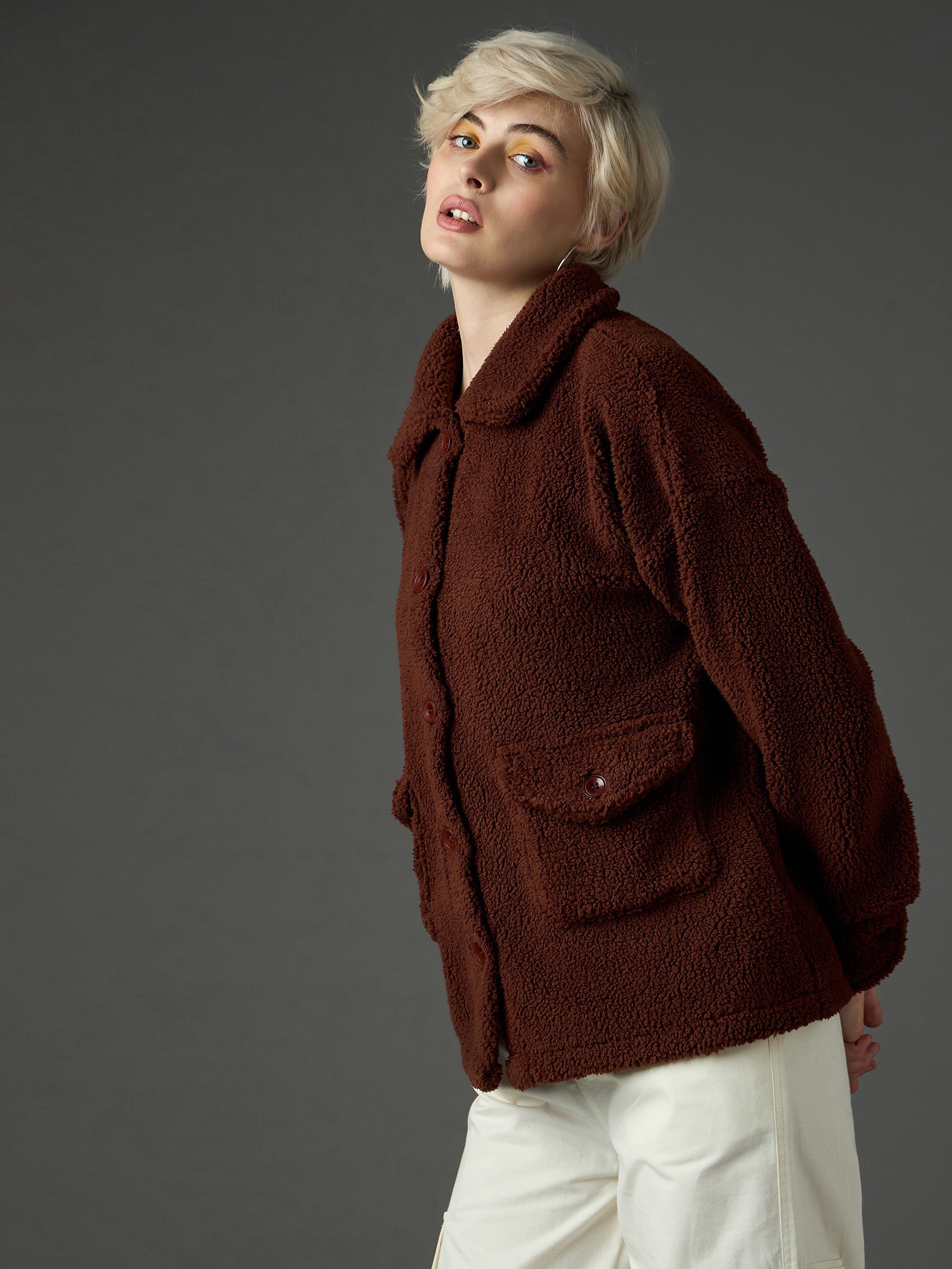 Women Brown Faux Fur Oversized Jacket-SFJCKT60369