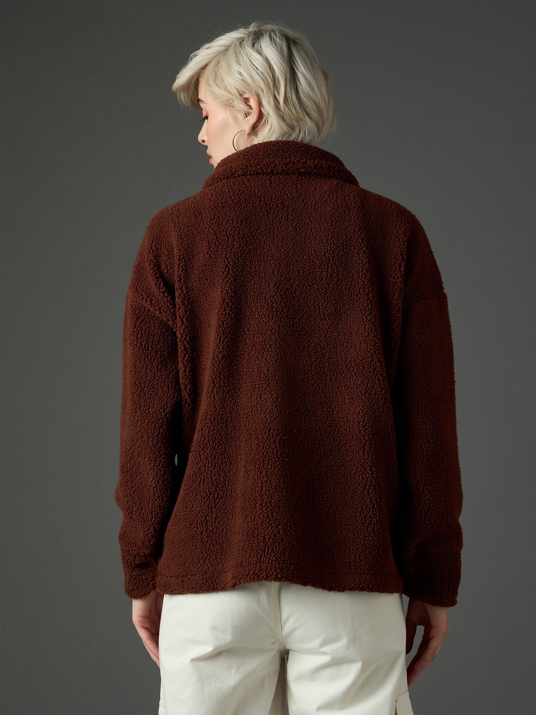 Women Brown Faux Fur Oversized Jacket-SFJCKT60369