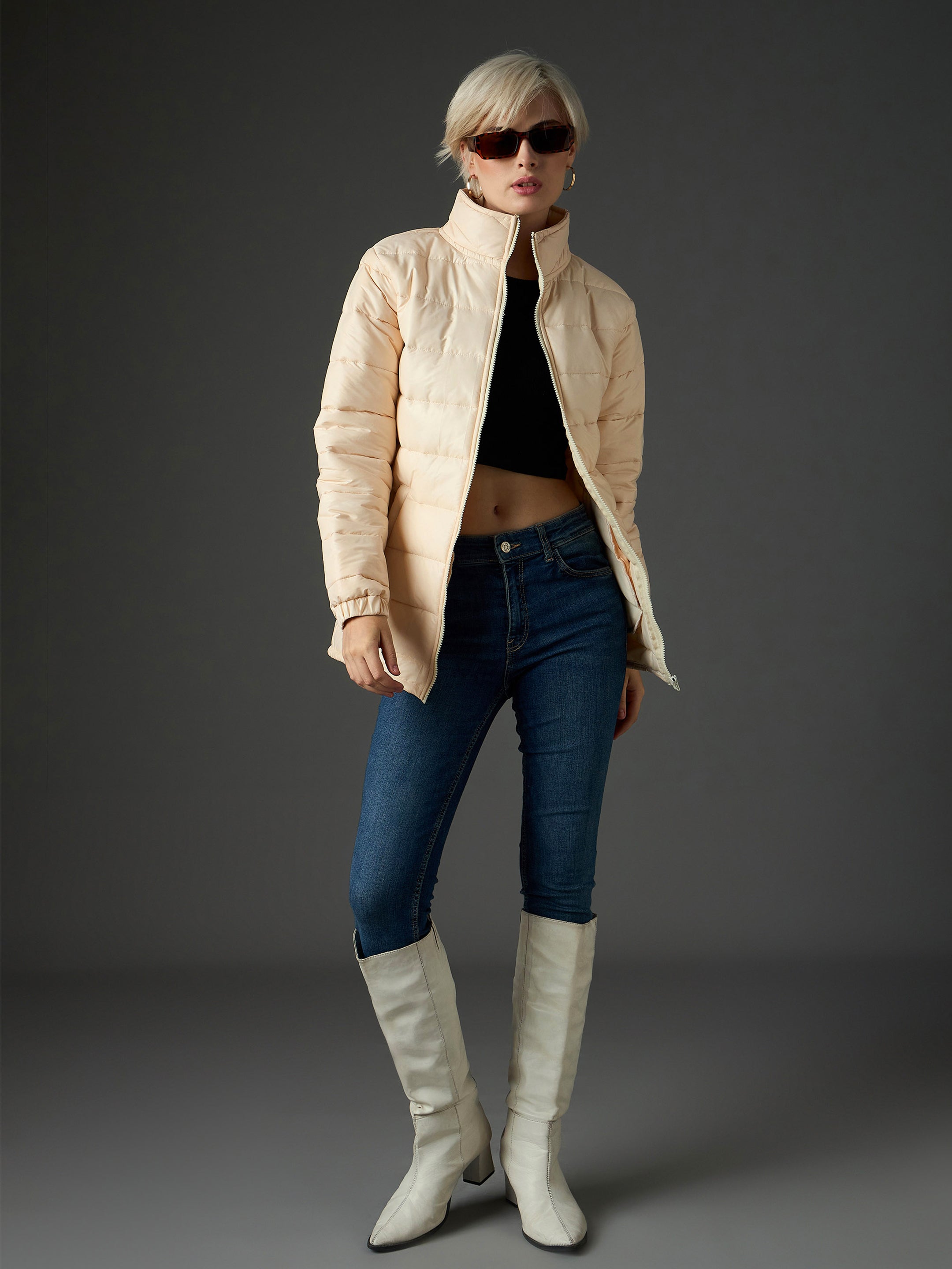 Women Peach High Neck Horizontal Quilt Puffer Jacket-SFJCKT60370