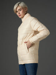 Women Peach High Neck Horizontal Quilt Puffer Jacket-SFJCKT60370