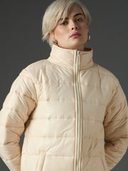 Women Peach High Neck Horizontal Quilt Puffer Jacket-SFJCKT60370