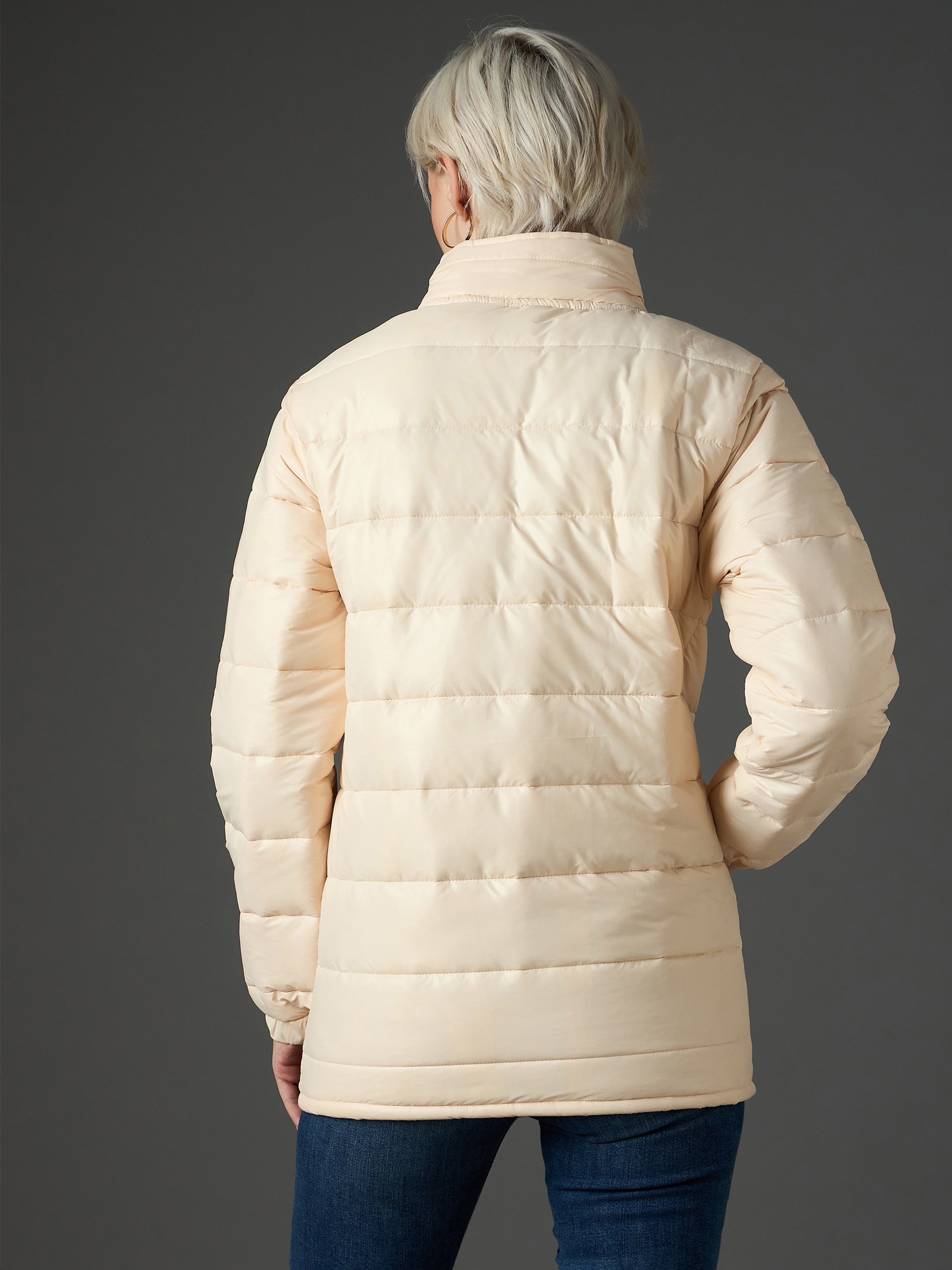 Women Peach High Neck Horizontal Quilt Puffer Jacket-SFJCKT60370
