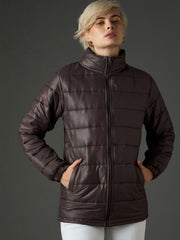 Women Brown High Neck Horizontal Quilt Puffer Jacket-SFJCKT60371
