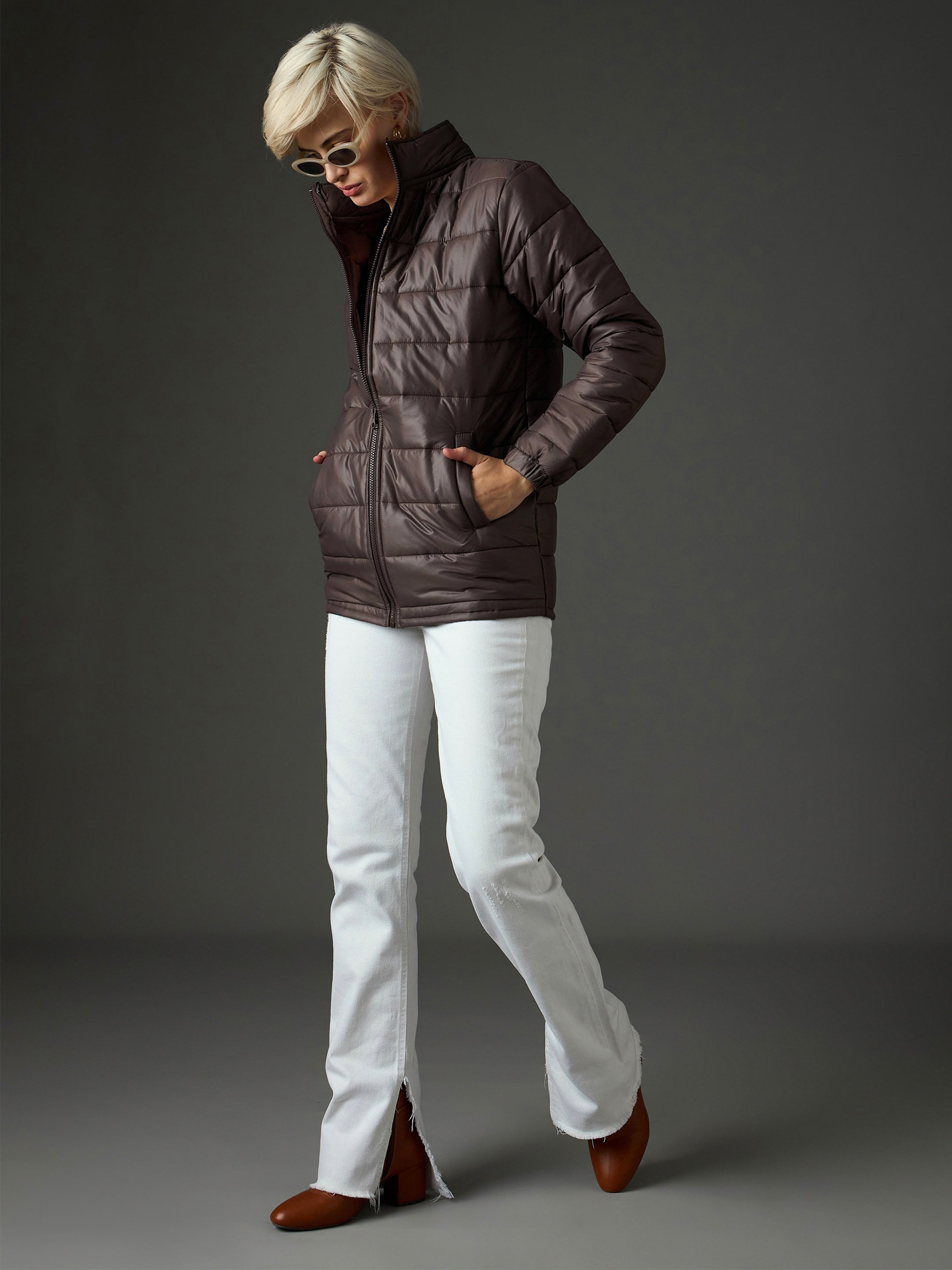 Women Brown High Neck Horizontal Quilt Puffer Jacket-SFJCKT60371
