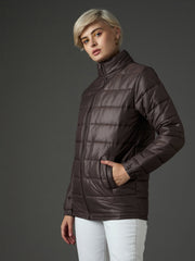 Women Brown High Neck Horizontal Quilt Puffer Jacket-SFJCKT60371