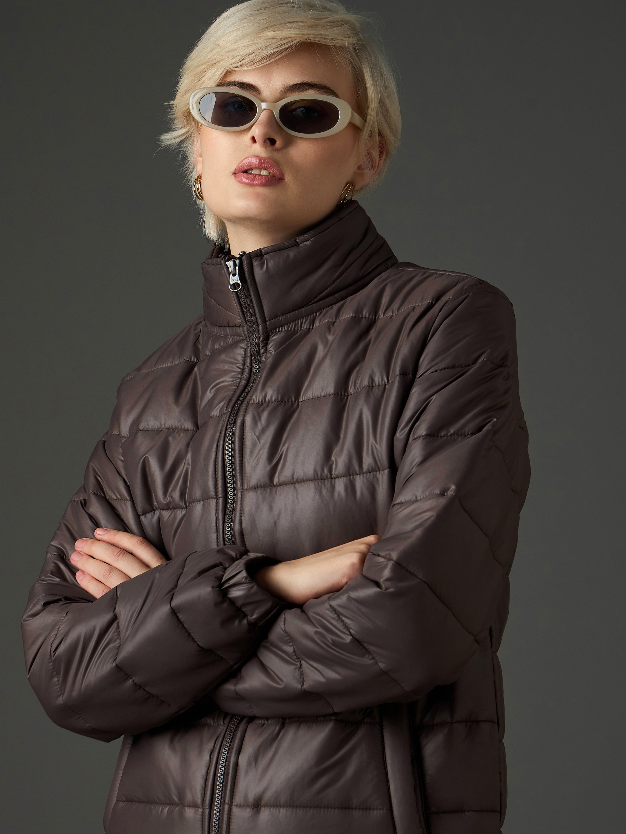 Women Brown High Neck Horizontal Quilt Puffer Jacket-SFJCKT60371