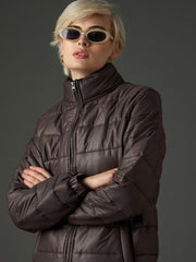 Women Brown High Neck Horizontal Quilt Puffer Jacket-SFJCKT60371