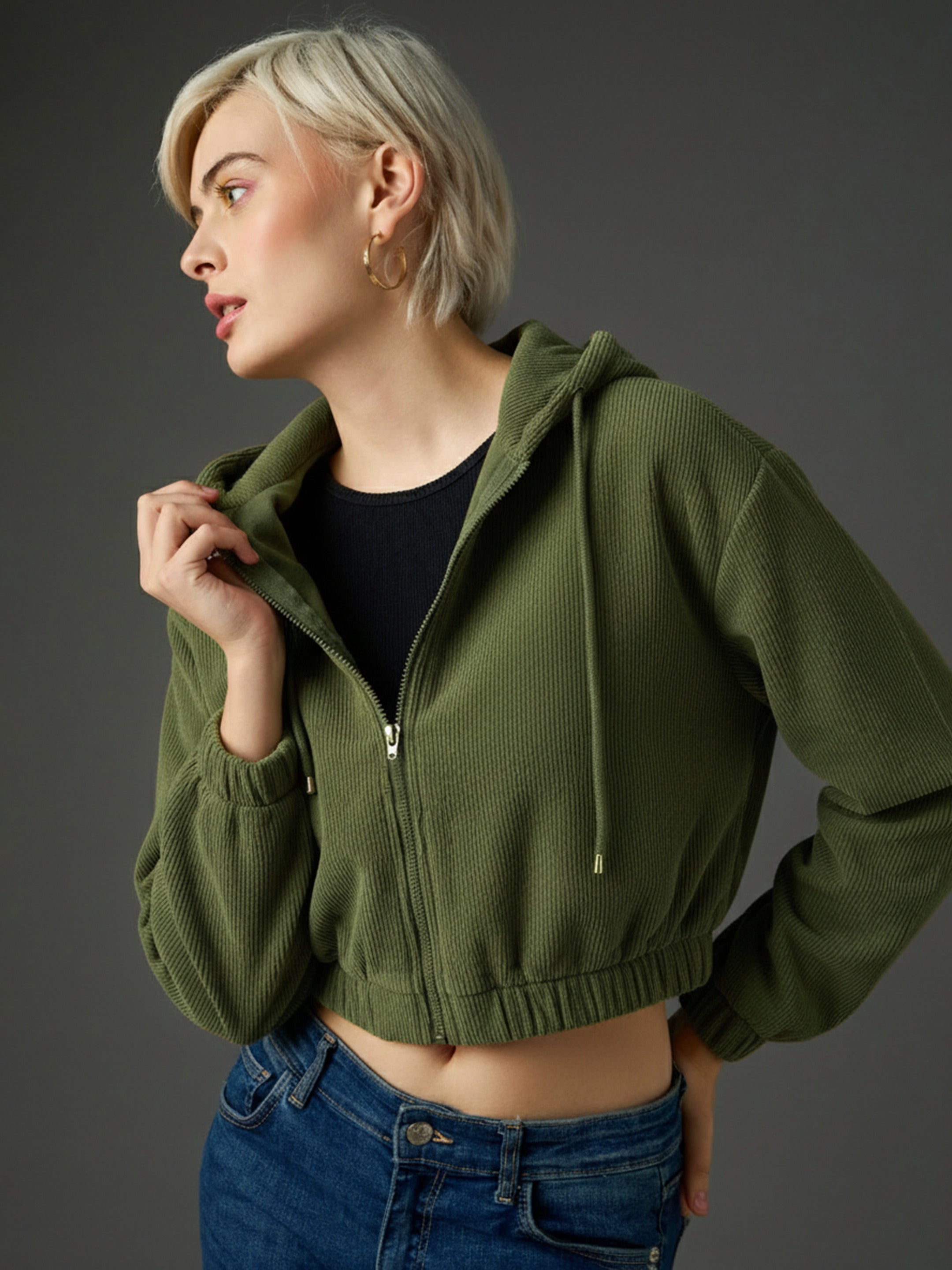 Women Olive Hooded Boxy Corduroy Crop Jacket-SFJCKT60372