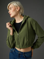 Women Olive Hooded Boxy Corduroy Crop Jacket-SFJCKT60372
