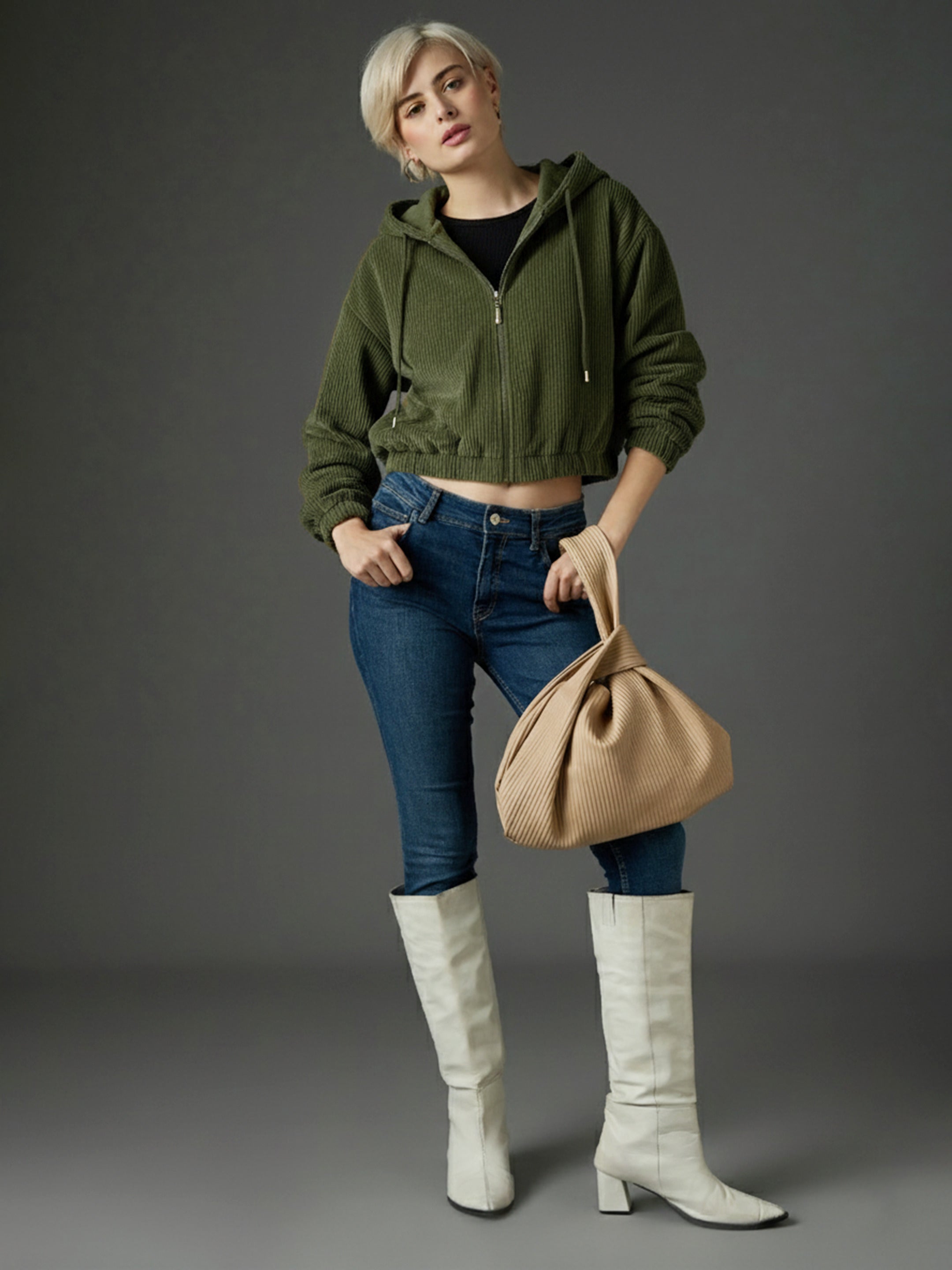 Women Olive Hooded Boxy Corduroy Crop Jacket-SFJCKT60372