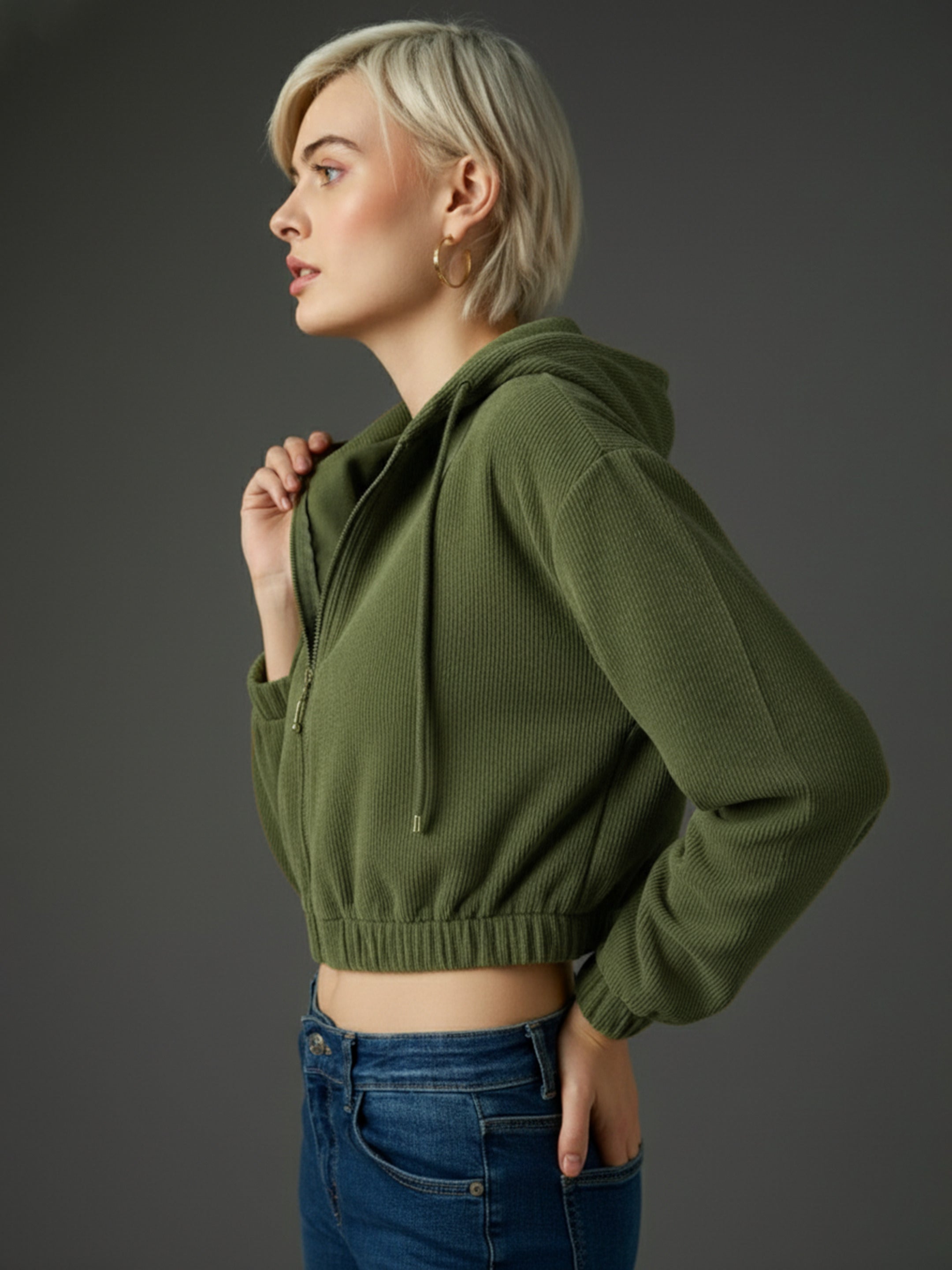 Women Olive Hooded Boxy Corduroy Crop Jacket-SFJCKT60372