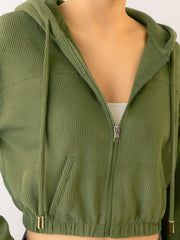 Women Olive Hooded Boxy Corduroy Crop Jacket-SFJCKT60372