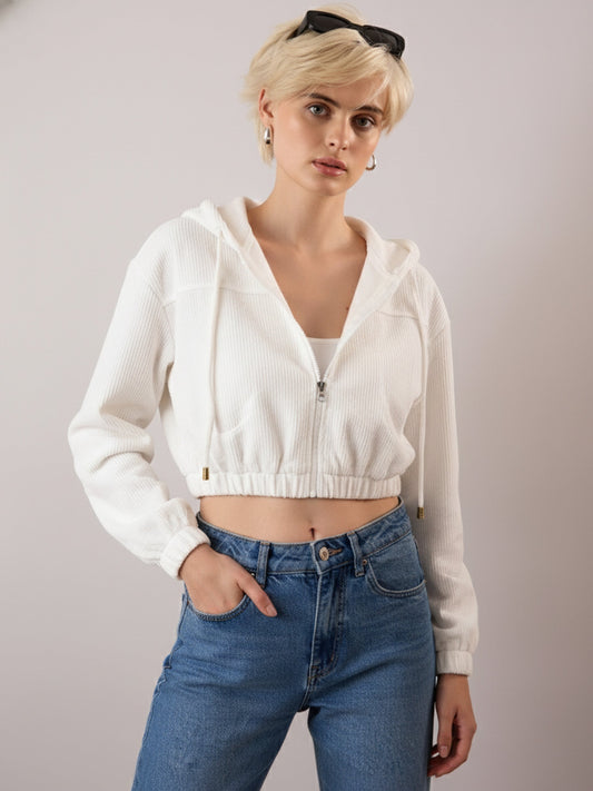 Women White Hooded Boxy Corduroy Crop Jacket-SFJCKT60373 2160