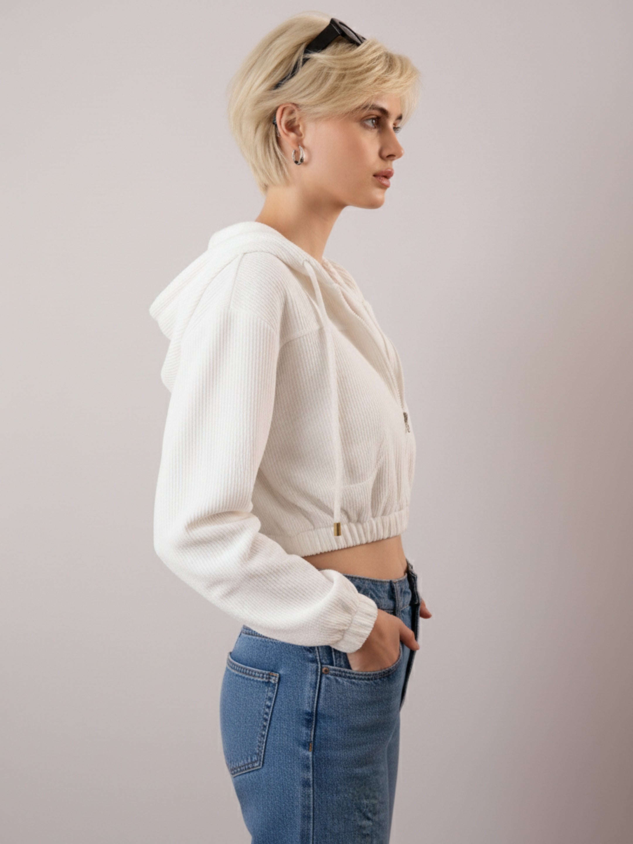 Women White Hooded Boxy Corduroy Crop Jacket-SFJCKT60373