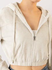 Women White Hooded Boxy Corduroy Crop Jacket-SFJCKT60373