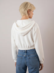 Women White Hooded Boxy Corduroy Crop Jacket-SFJCKT60373