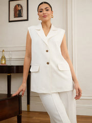 Women White Notch Collar Oversize Sleeveless Blazer
