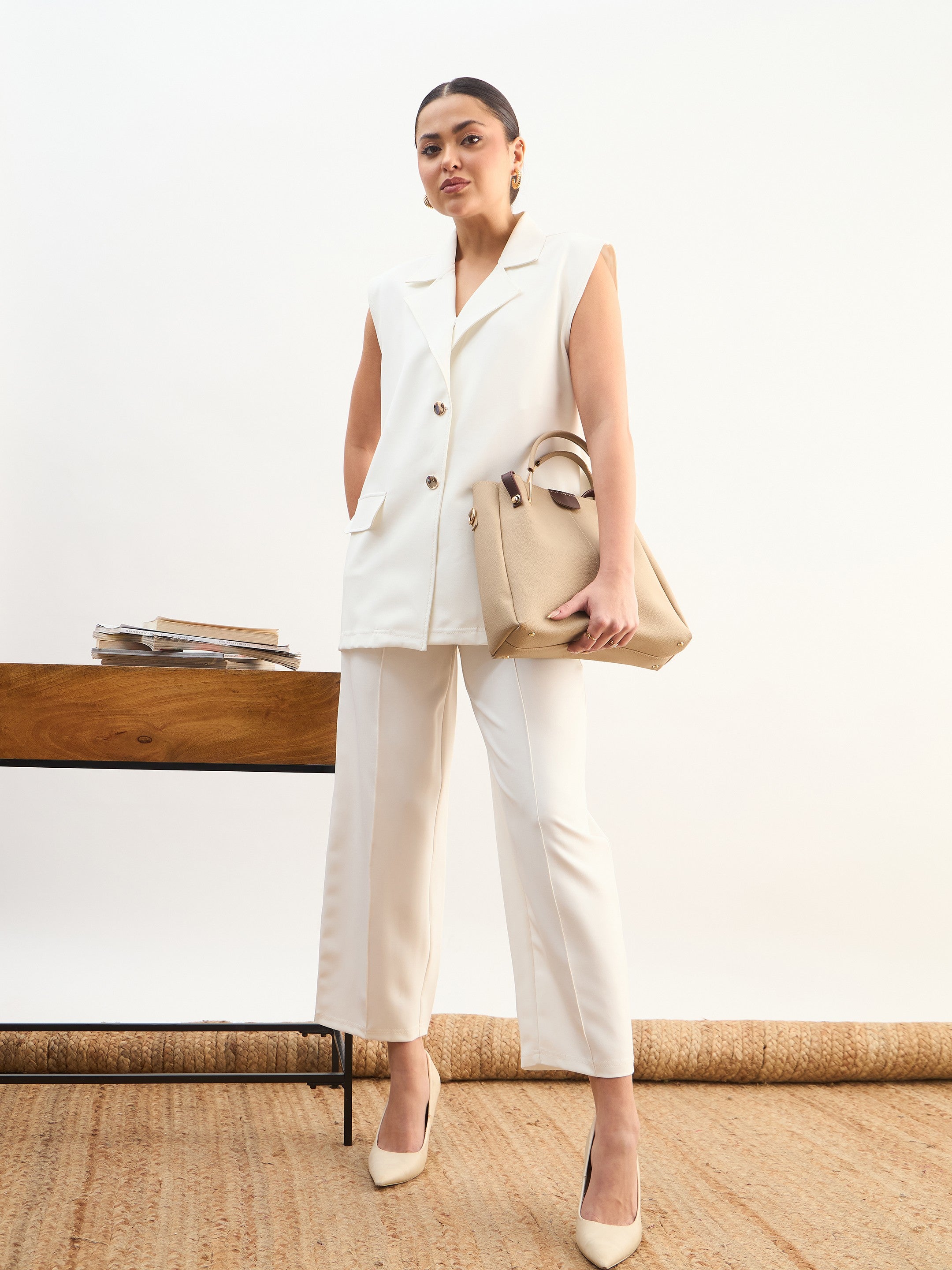 DesiQlo White Notch Collar Oversize Sleeveless Blazer - White