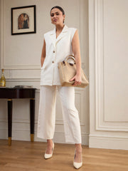 Women White Notch Collar Sleeveless Oversize Blazer With Slouchy Pant