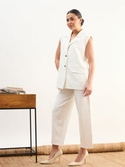 Women White Notch Collar Sleeveless Oversize Blazer With Slouchy Pant