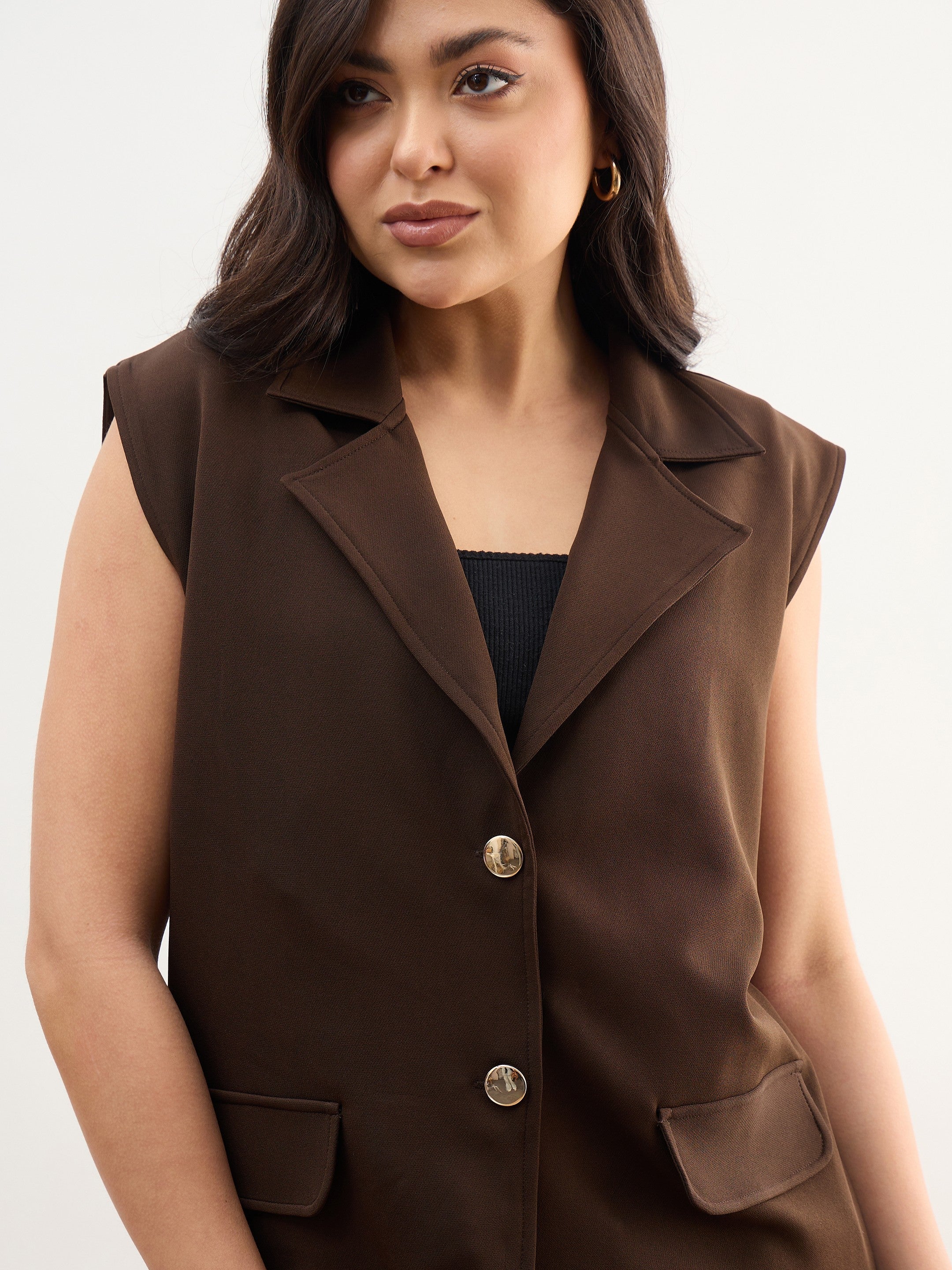 DesiQlo Coffee Brown Notch Collar Oversize Sleeveless Blazer - Br