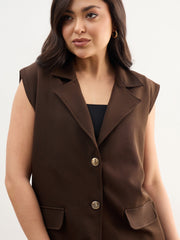 Women Coffee Brown Notch Collar Oversize Sleeveless Blazer