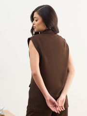 Women Coffee Brown Notch Collar Oversize Sleeveless Blazer