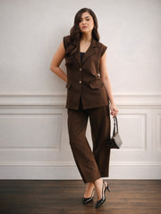 Women Coffee Brown Notch Collar Sleeveless Oversize Blazer With Slouchy Pant
