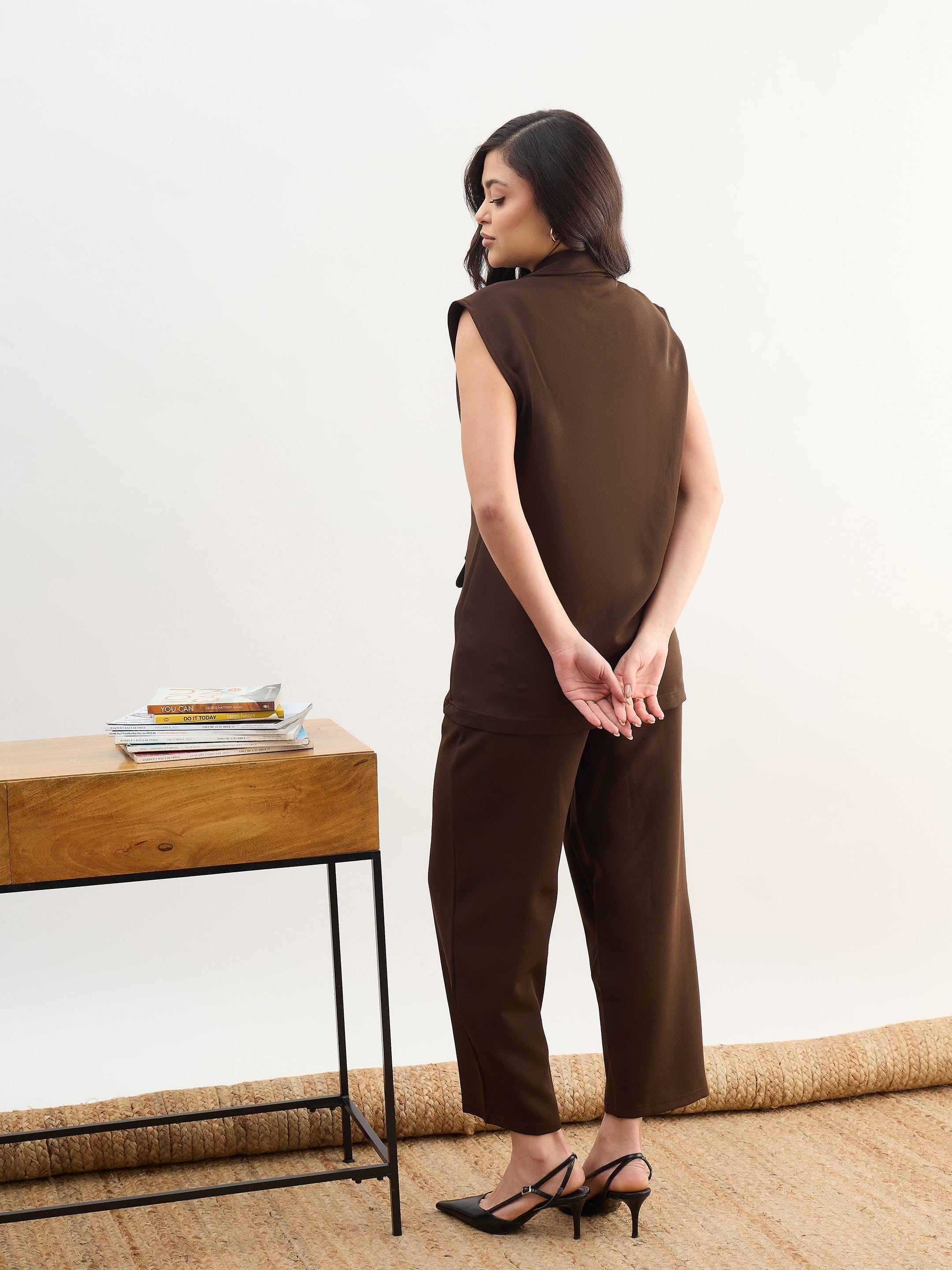 DesiQlo Coffee Brown Notch Collar Sleeveless Oversize Blazer With