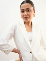 Women White Front Button Notch Collar Blazer