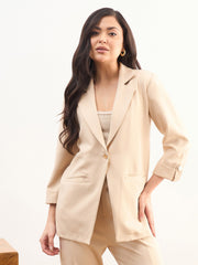 Women Beige Front Button Notch Collar Blazer