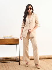 Women Beige Front Button Notch Collar Blazer