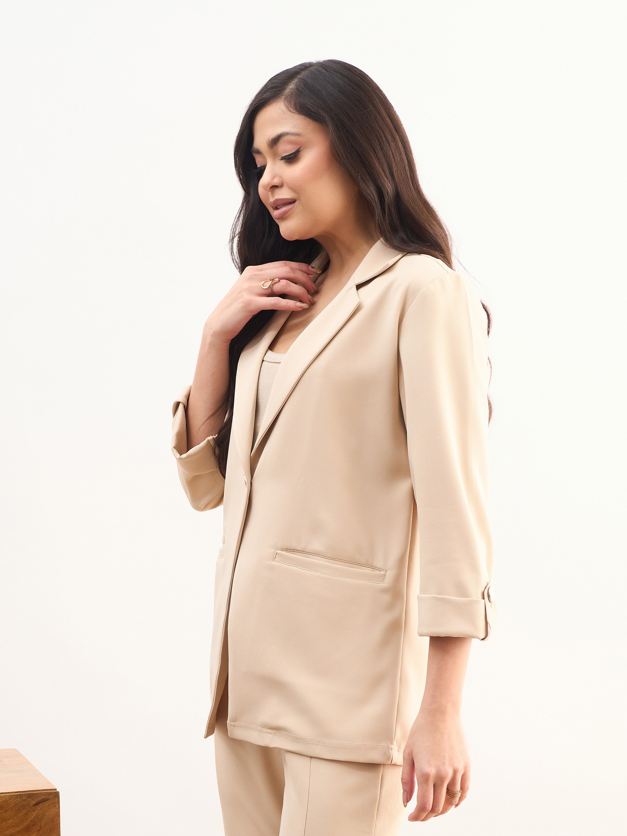 DesiQlo Beige Front Button Notch Collar Blazer - Beige